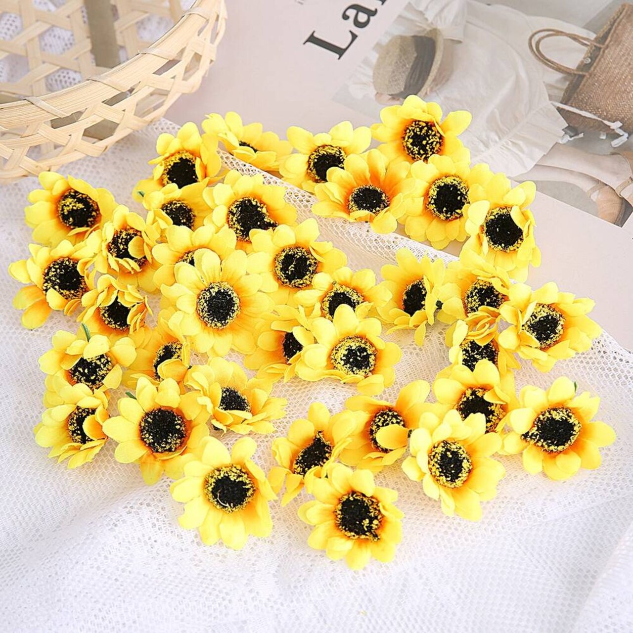 100PCS Artificial Sunflower Heads – Yellow Silk Fabric Flowers for DIY Crafts, Wedding Decor, Home Party, Hair Clips, Wreaths, Engagement Decorations